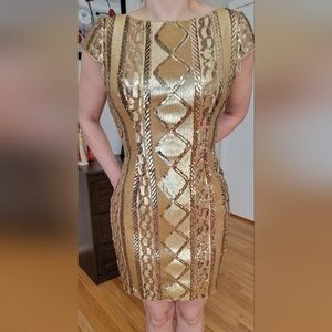 Nw Adrianna Papell Cable Knit Cap Sleeves,Gold ,Geometric Sequin Cocktail Dress